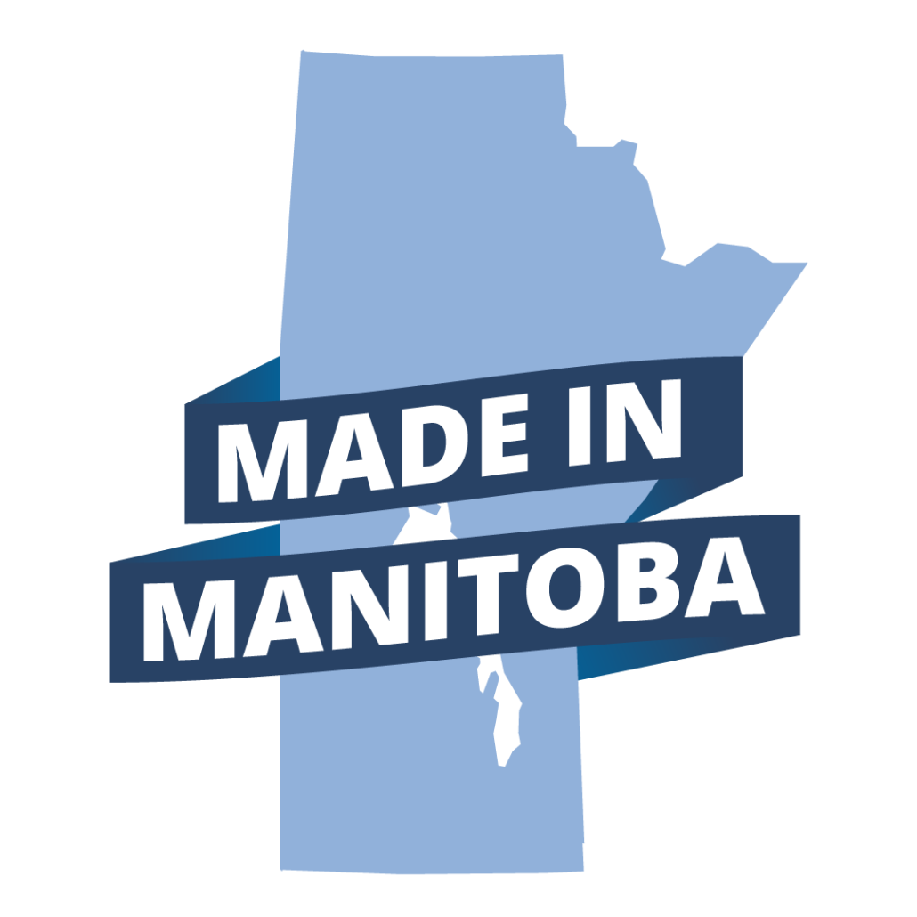 "Made In Manitoba" banner over a pale blue silhouette of Manitoba