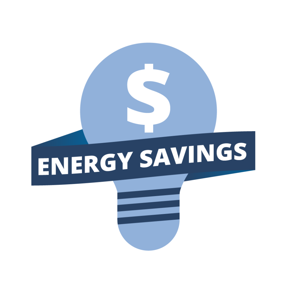 "Energy Savings" banner over a symbol of a lightbulb, with a dollar sign to indicate savings