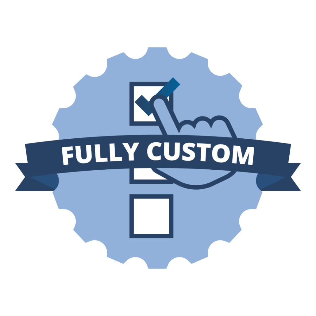 "Fully Custom" banner over a silhouette of a gear, accompanied by check boxes